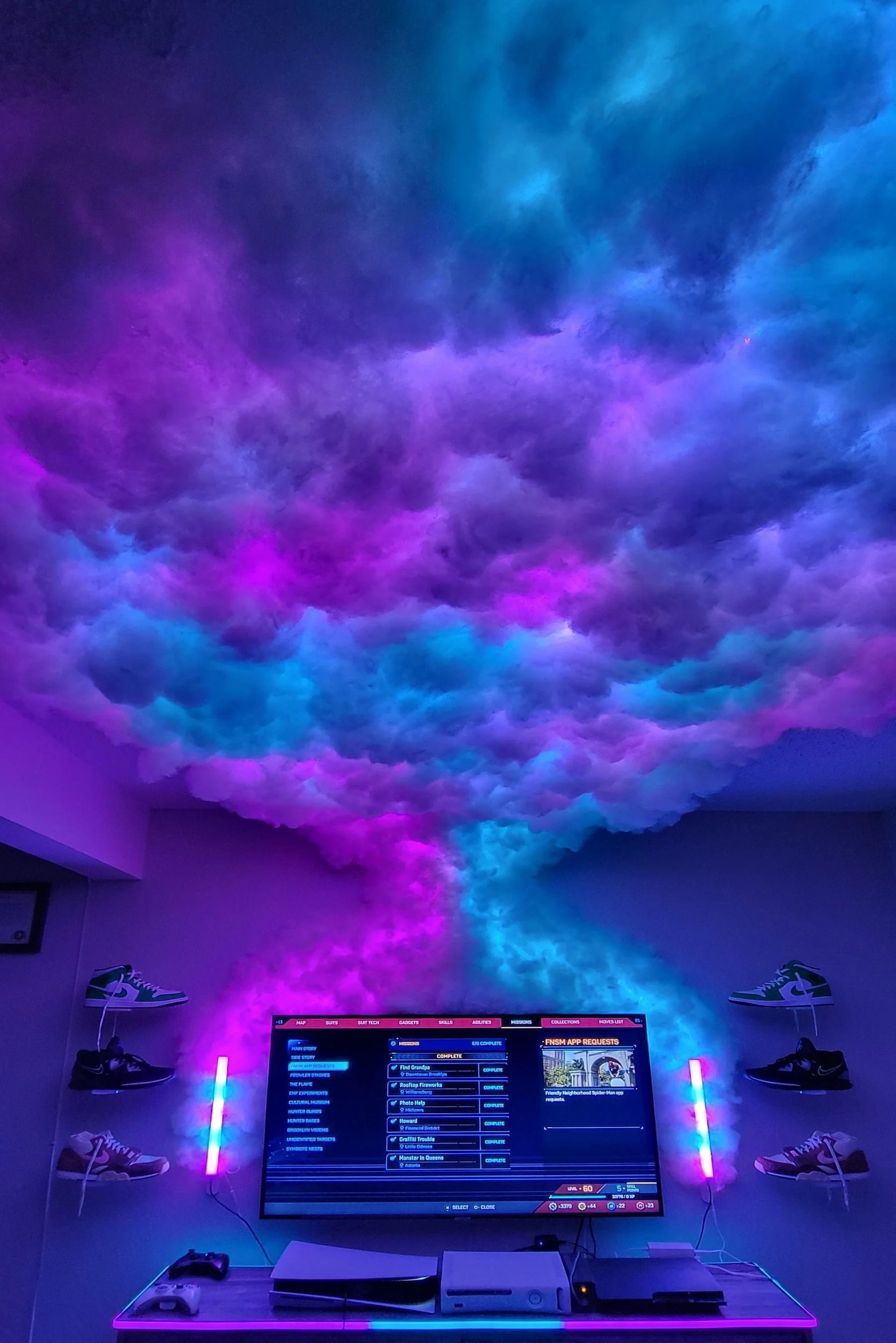 Cozy game room for streaming with Cloud Wall Panels featuring customizable LED lighting, creating a dreamy and immersive gaming environment