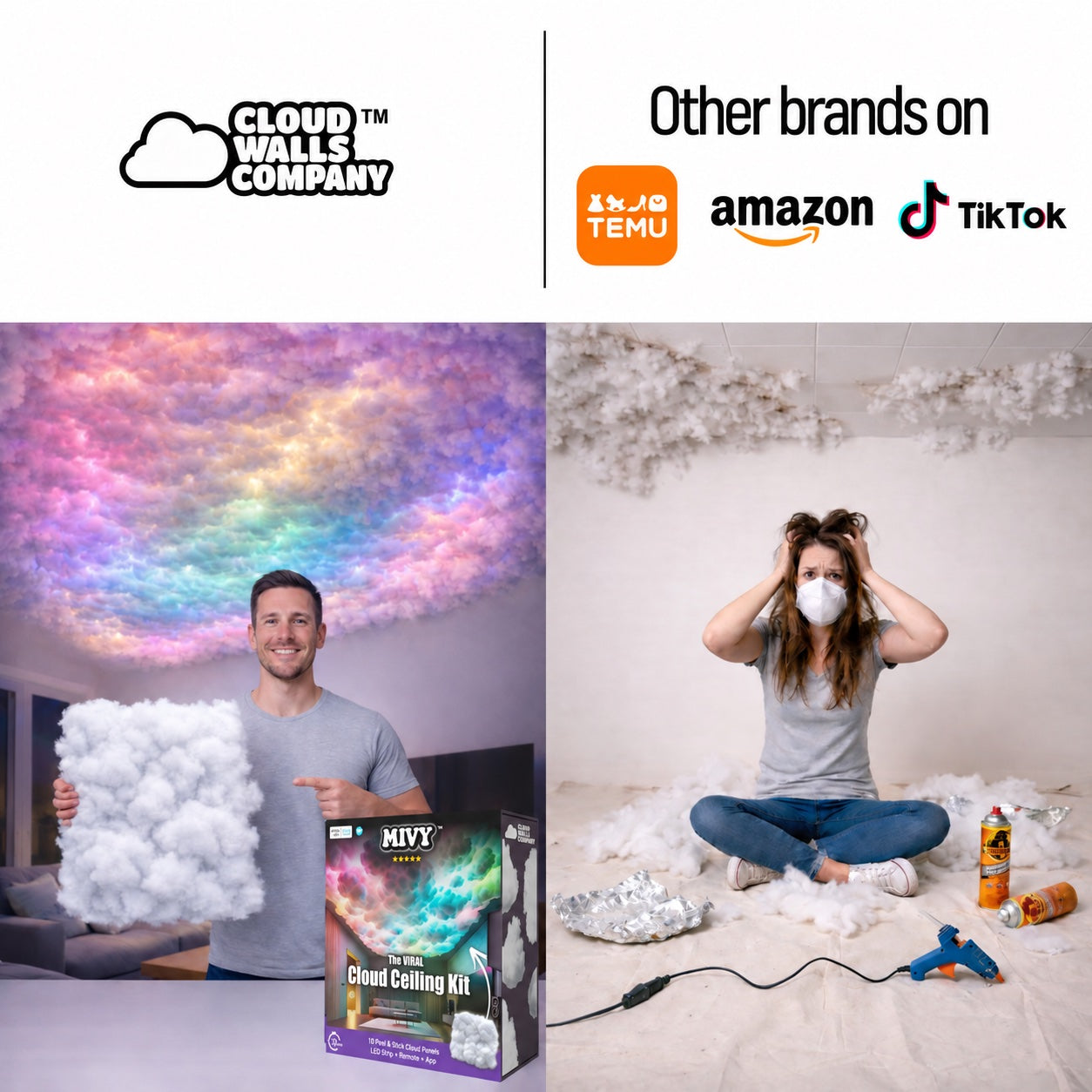 Cloud Walls Company versus other brands on Temu, Amazon and TikTok: pre-formed cloud panels compared with a loose-fiber DIY installation.